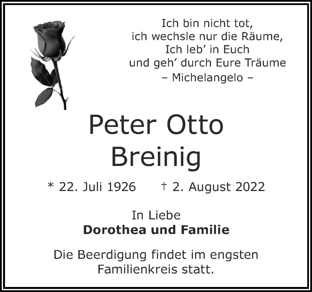  Traueranzeige für Peter Otto Breinig vom 06.08.2022 aus Aachener Zeitung / Aachener Nachrichten