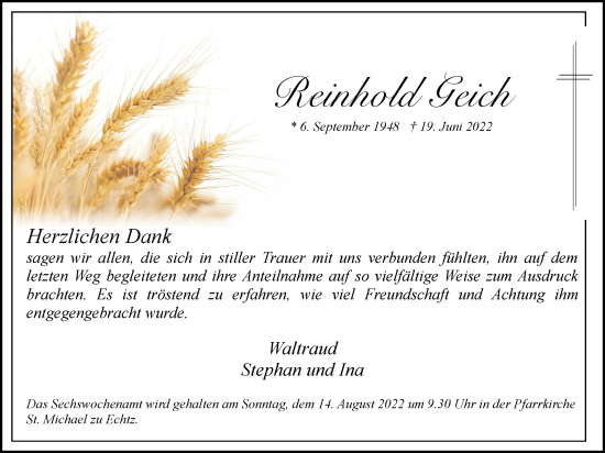 Traueranzeige von Reinhold Geich von Zeitung am Sonntag