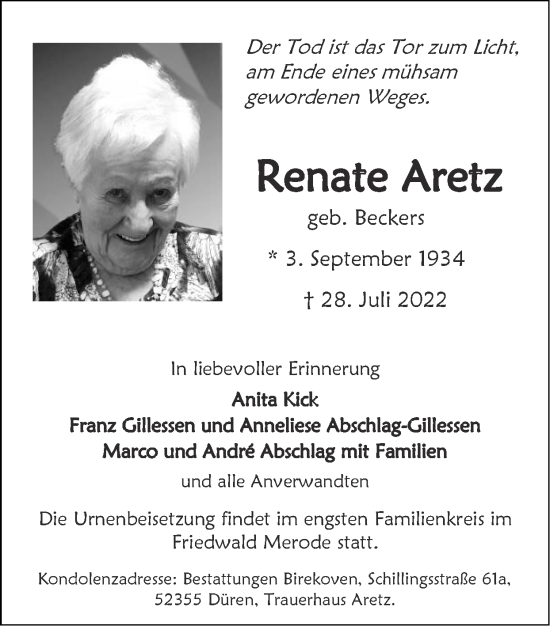 Traueranzeige von Renate Aretz von Zeitung am Sonntag