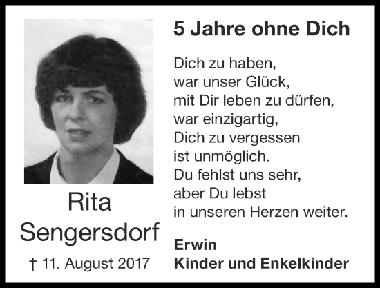 Traueranzeige von Rita Sengersdorf von Zeitung am Sonntag