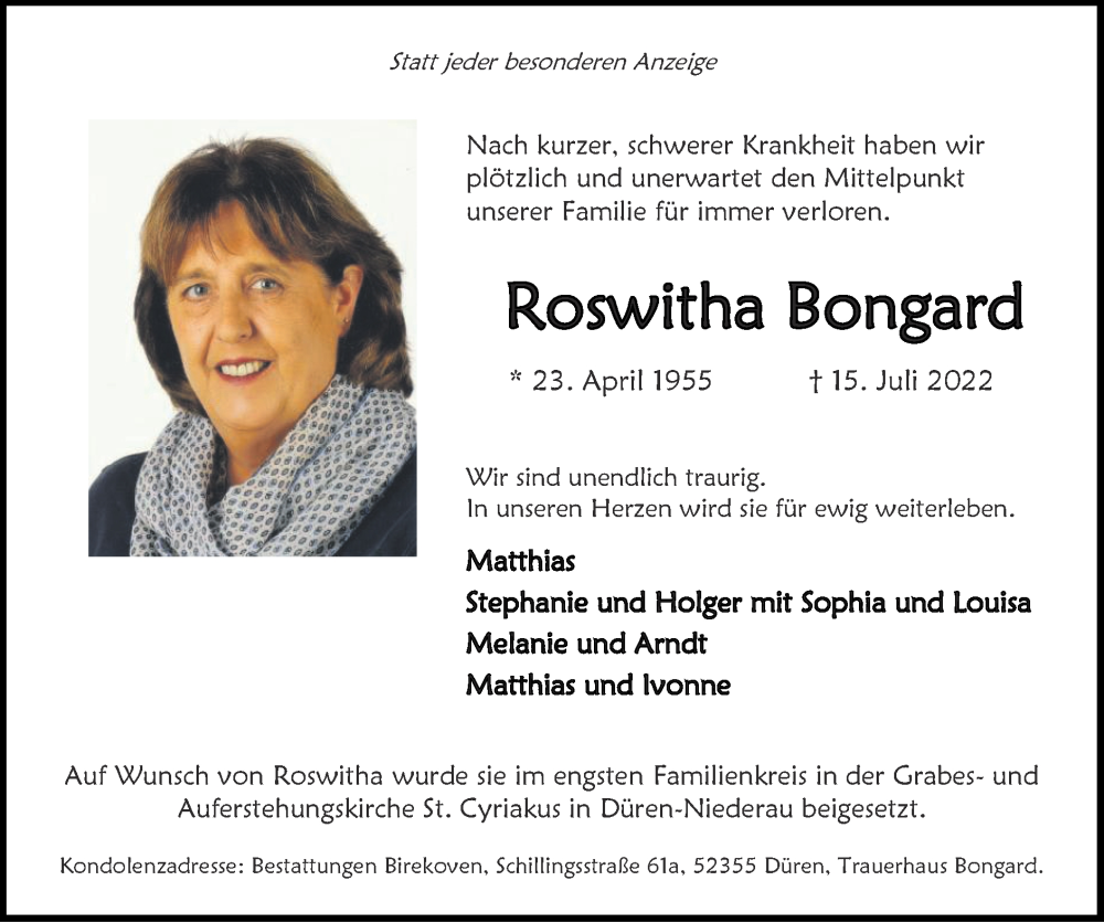  Traueranzeige für Roswitha Bongard vom 14.08.2022 aus Zeitung am Sonntag