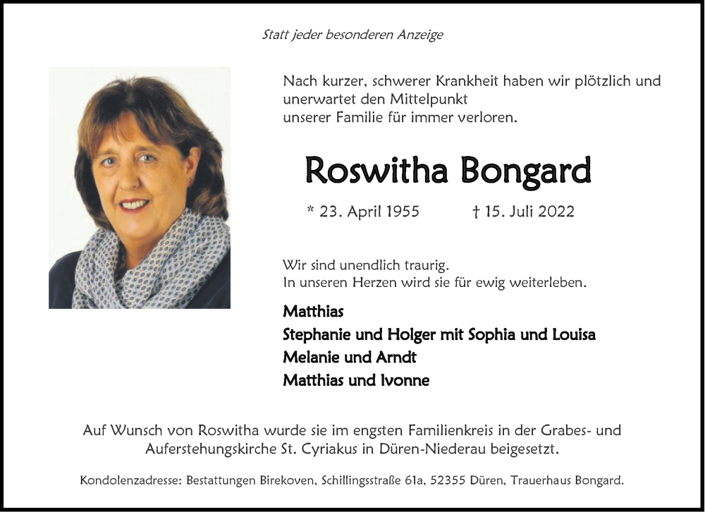  Traueranzeige für Roswitha Bongard vom 13.08.2022 aus Aachener Zeitung / Aachener Nachrichten