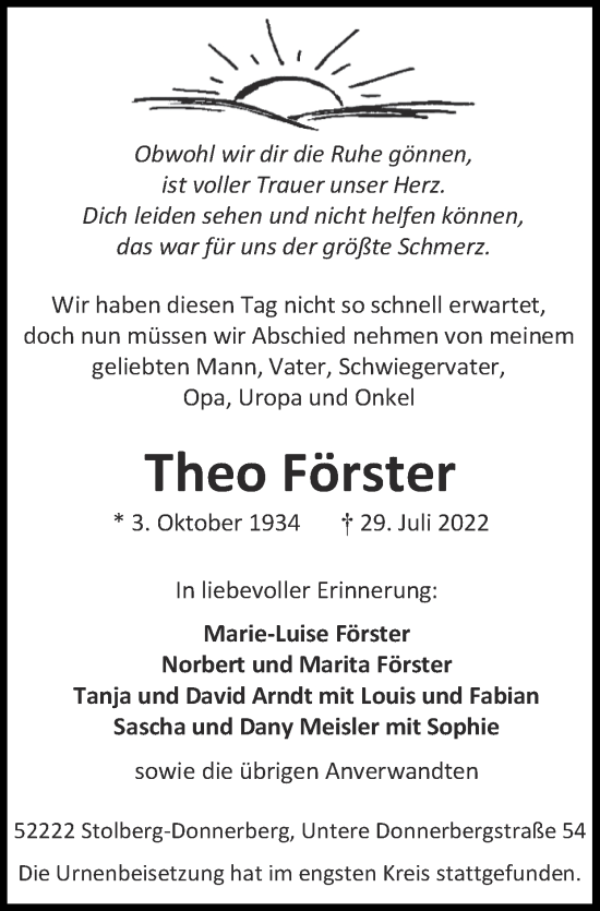 Traueranzeige von Theo Förster von Zeitung am Sonntag