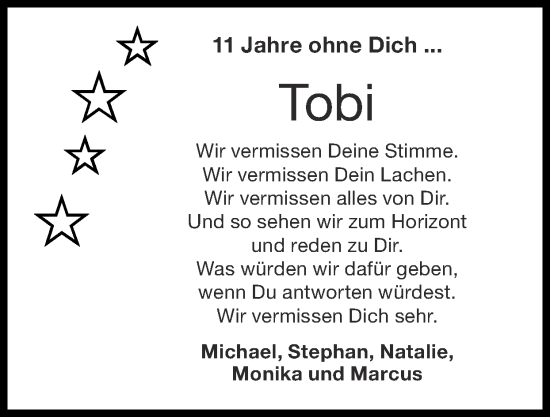 Traueranzeige von Tobi  von Zeitung am Sonntag