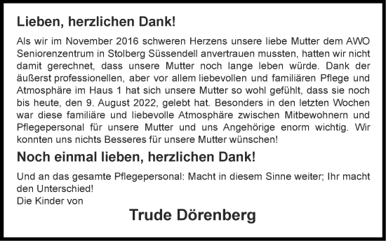Traueranzeige von Trude Dörenberg von Zeitung am Sonntag