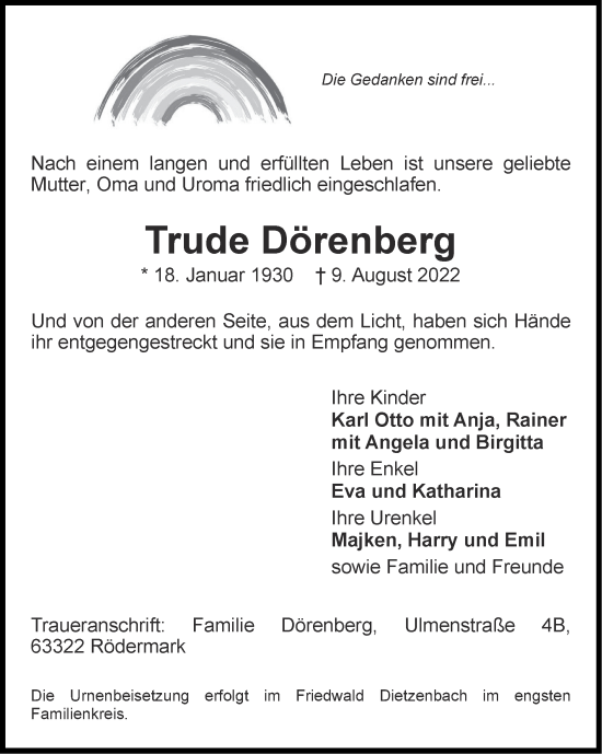 Traueranzeige von Trude Dörenberg von Zeitung am Sonntag