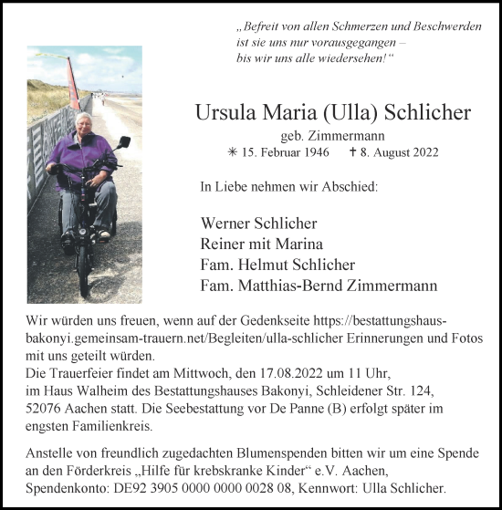 Traueranzeige von Ursula Maria Schlicher von Aachener Zeitung / Aachener Nachrichten
