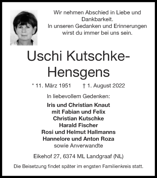 Traueranzeige von Uschi Kutschke-Hensgens von Zeitung am Sonntag