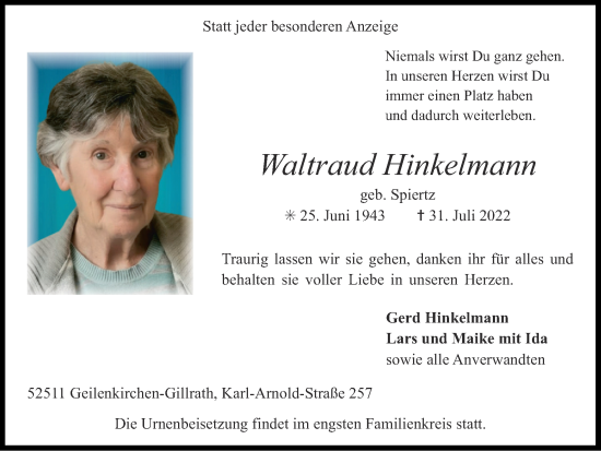 Traueranzeige von Waltraud Hinkelmann von Zeitung am Sonntag