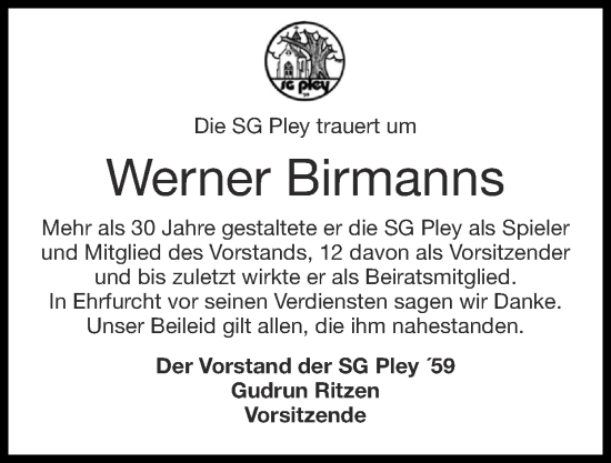Traueranzeige von Werner Birmanns von Zeitung am Sonntag