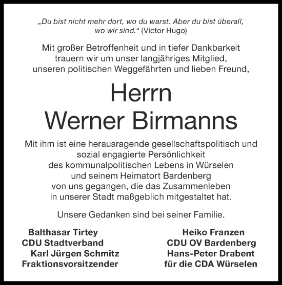 Traueranzeige von Werner Birmanns von Zeitung am Sonntag