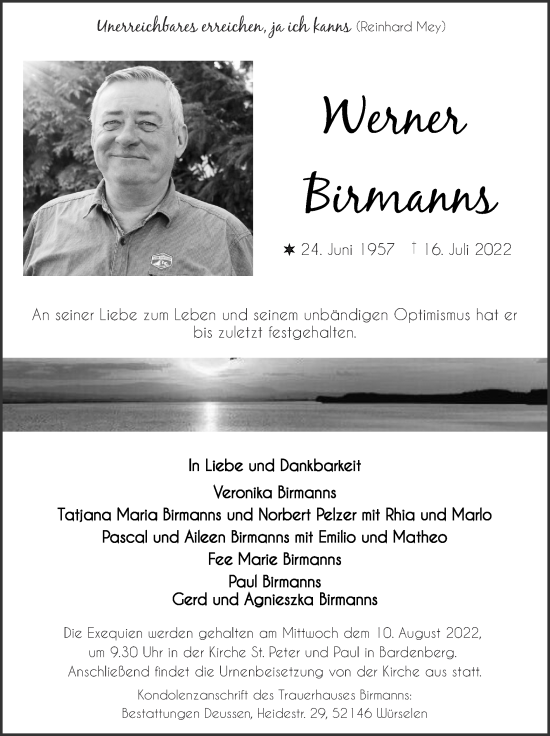 Traueranzeige von Werner Birmanns von Zeitung am Sonntag