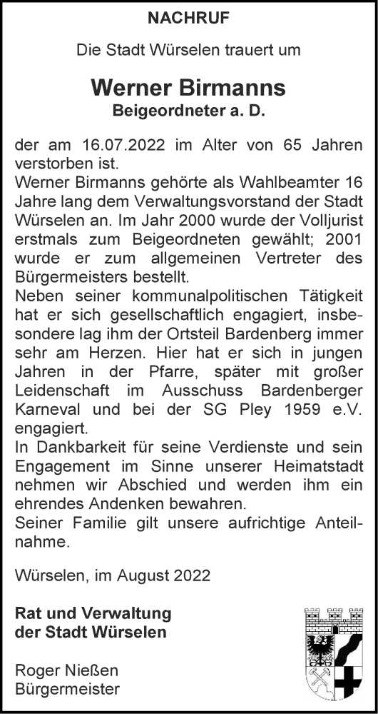 Traueranzeige von Werner Birmanns von Zeitung am Sonntag
