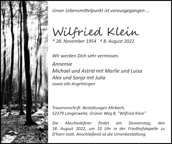 Traueranzeige von Wilfried Klein von Zeitung am Sonntag