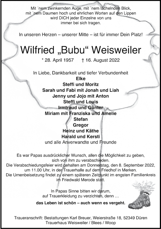 Traueranzeige von Wilfried  Weisweiler von Zeitung am Sonntag