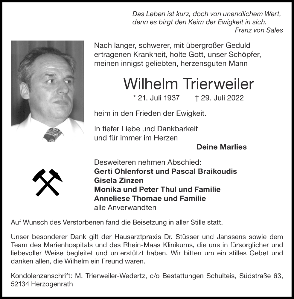  Traueranzeige für Wilhelm Trierweiler vom 06.08.2022 aus Aachener Zeitung / Aachener Nachrichten