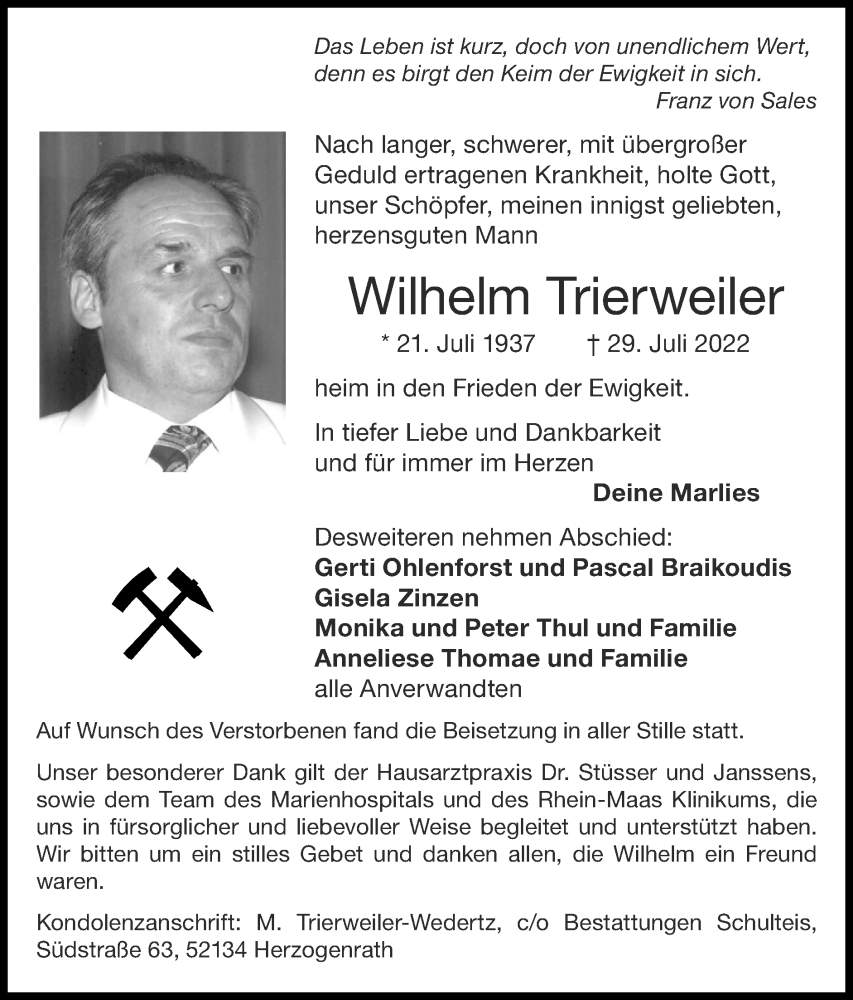  Traueranzeige für Wilhelm Trierweiler vom 07.08.2022 aus Zeitung am Sonntag
