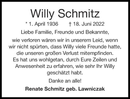 Traueranzeige von Willy Schmitz von Zeitung am Sonntag