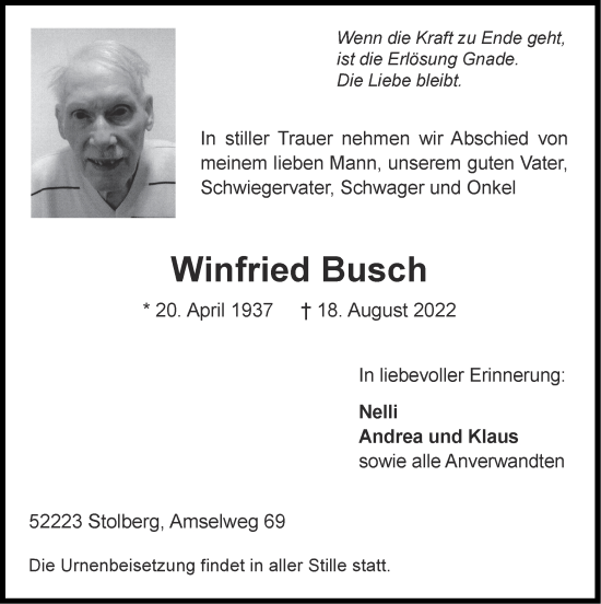 Traueranzeige von Winfried Busch von Zeitung am Sonntag