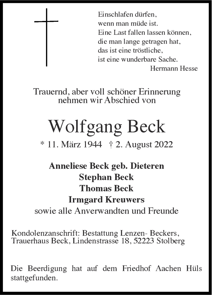  Traueranzeige für Wolfgang Beck vom 14.08.2022 aus Zeitung am Sonntag