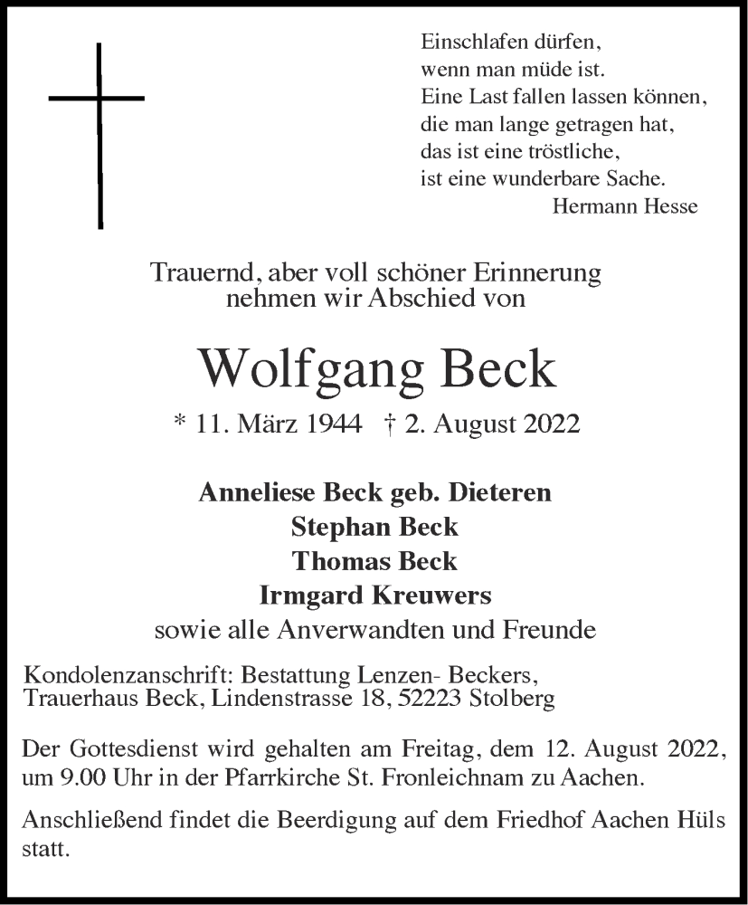  Traueranzeige für Wolfgang Beck vom 06.08.2022 aus Aachener Zeitung / Aachener Nachrichten