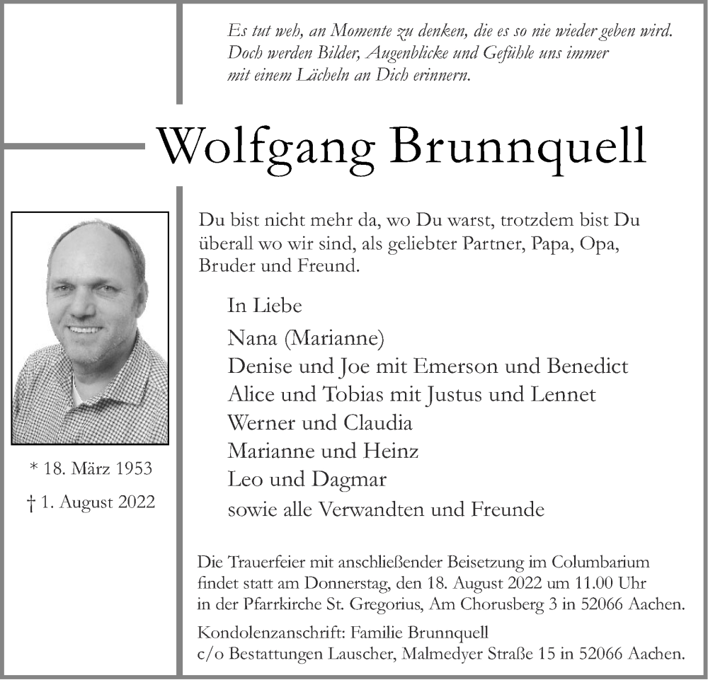  Traueranzeige für Wolfgang Brunnquell vom 14.08.2022 aus Zeitung am Sonntag