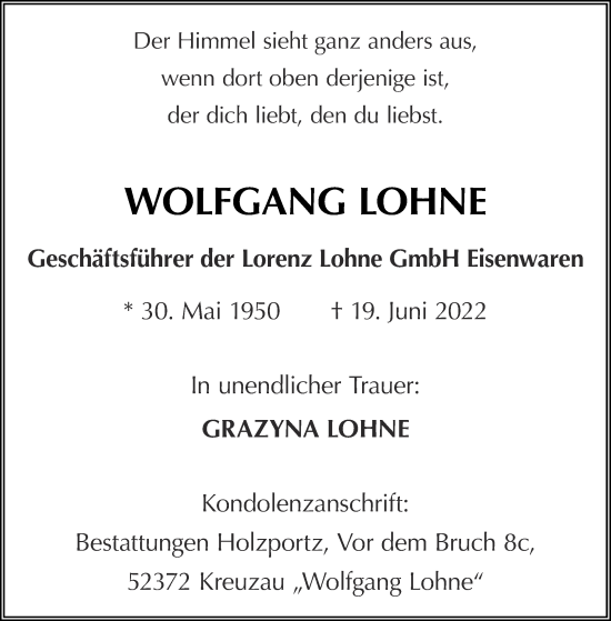 Traueranzeige von Wolfgang Lohne von Aachener Zeitung / Aachener Nachrichten