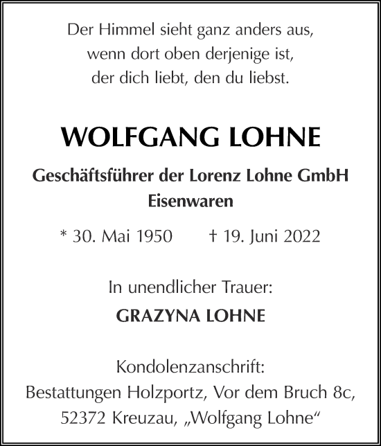 Traueranzeige von Wolfgang Lohne von Zeitung am Sonntag