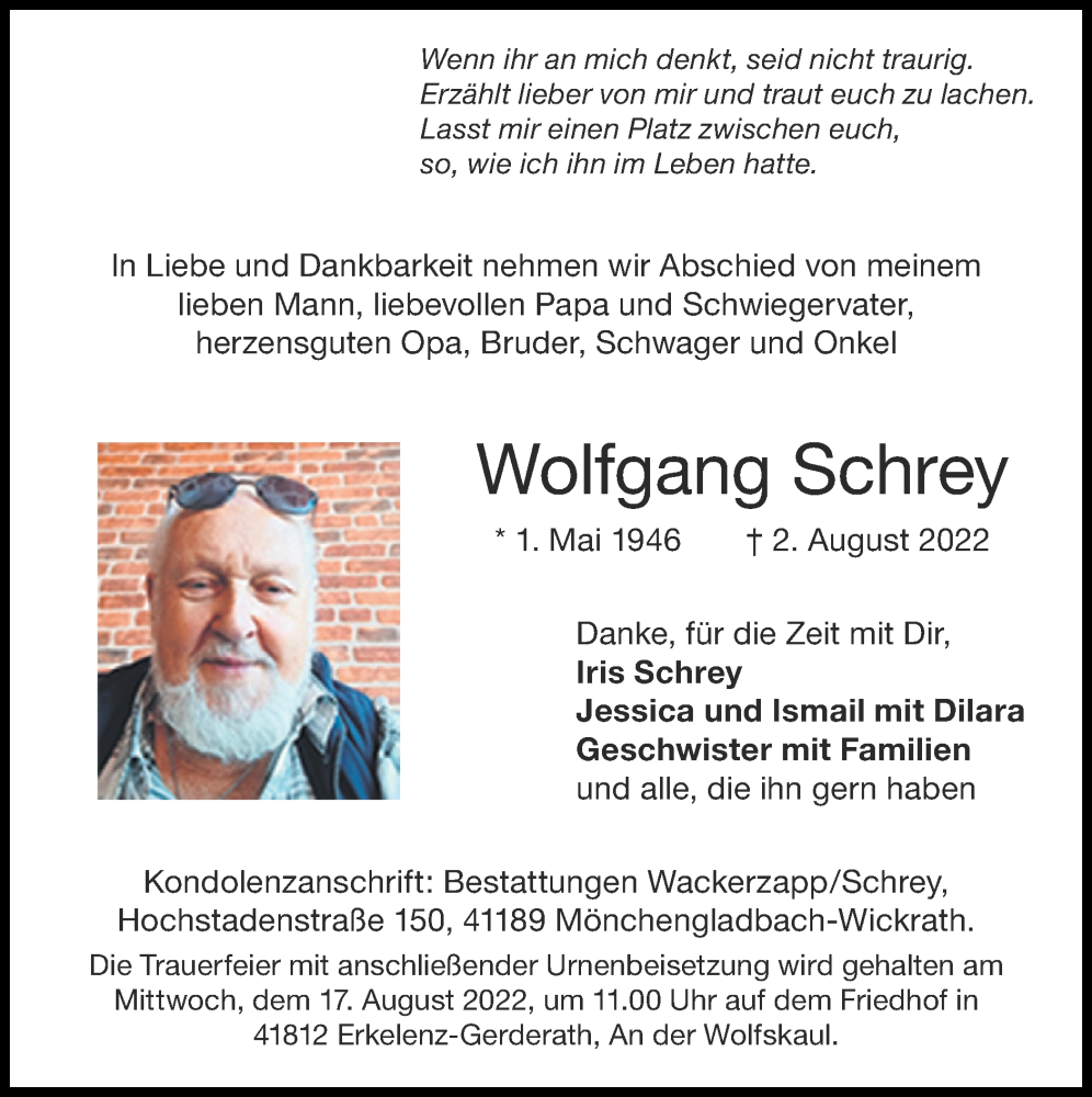 Traueranzeigen von Wolfgang Schrey Aachen gedenkt