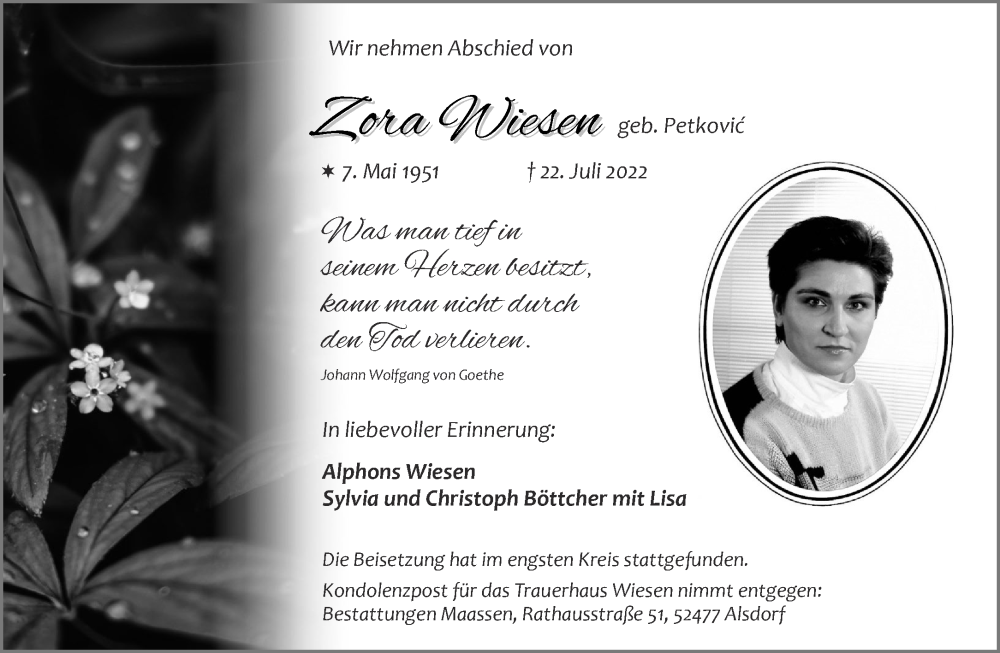  Traueranzeige für Zora Wiesen vom 06.08.2022 aus Aachener Zeitung / Aachener Nachrichten