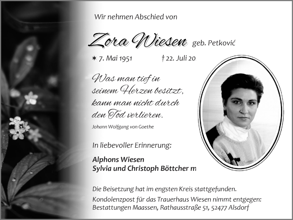  Traueranzeige für Zora Wiesen vom 07.08.2022 aus Zeitung am Sonntag