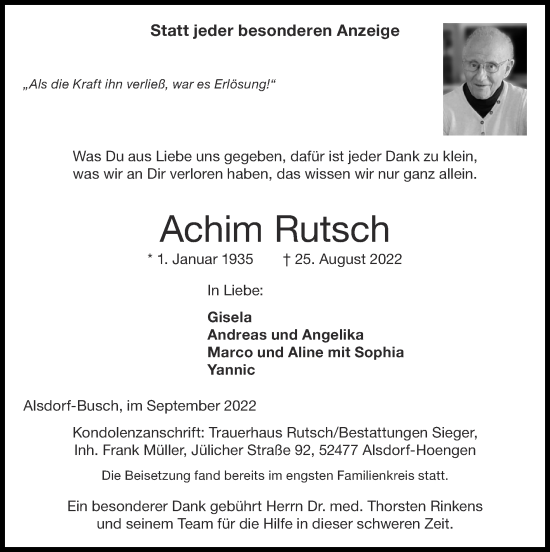 Traueranzeige von Achim Rutsch von Zeitung am Sonntag