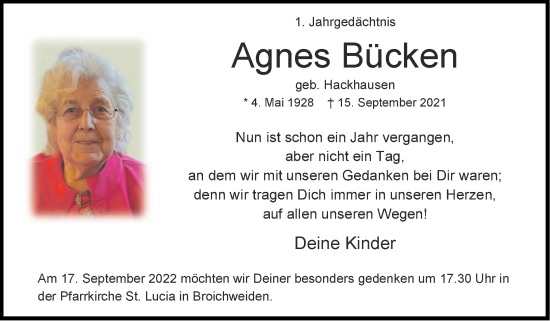 Traueranzeige von Agnes Bücken von Zeitung am Sonntag