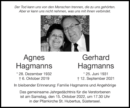 Traueranzeige von Agnes Hagmanns von Zeitung am Sonntag