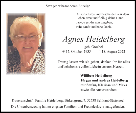 Traueranzeige von Agnes Heidelberg von Zeitung am Sonntag