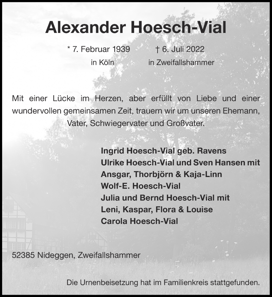  Traueranzeige für Alexander Hoesch-Vial vom 10.09.2022 aus Aachener Zeitung / Aachener Nachrichten