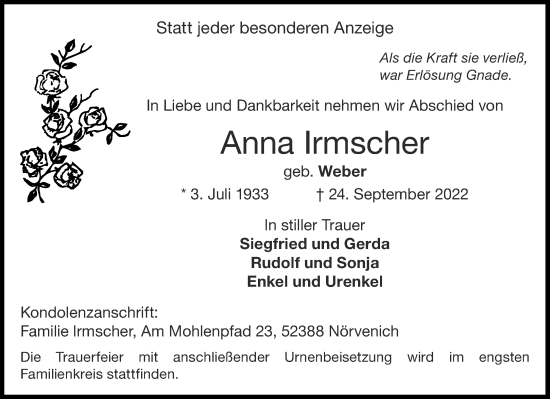 Traueranzeige von Anna Irmscher von Aachener Zeitung / Aachener Nachrichten