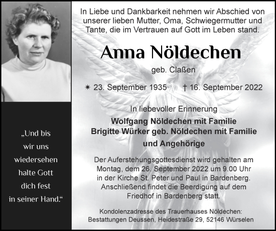 Traueranzeige von Anna Nöldechen von Zeitung am Sonntag
