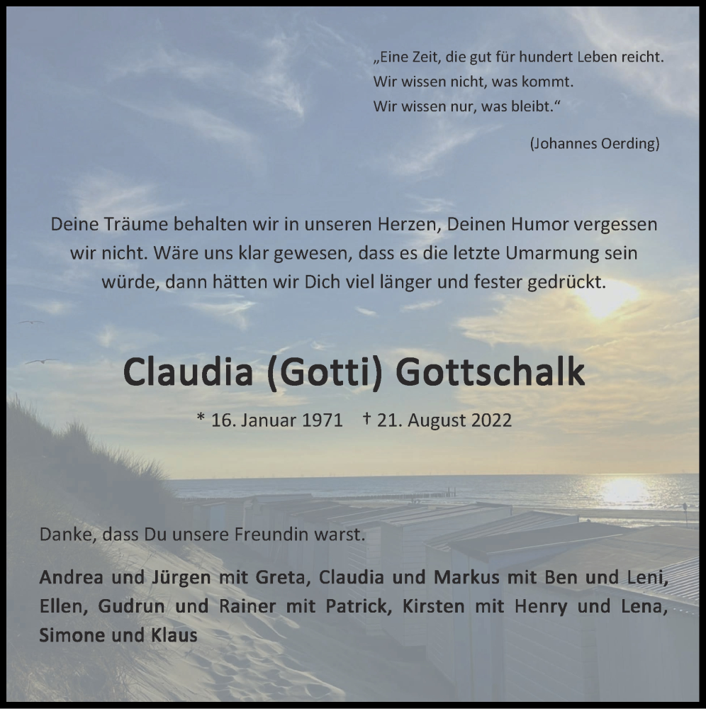 Traueranzeige für Claudia Gottschalk vom 11.09.2022 aus Zeitung am Sonntag