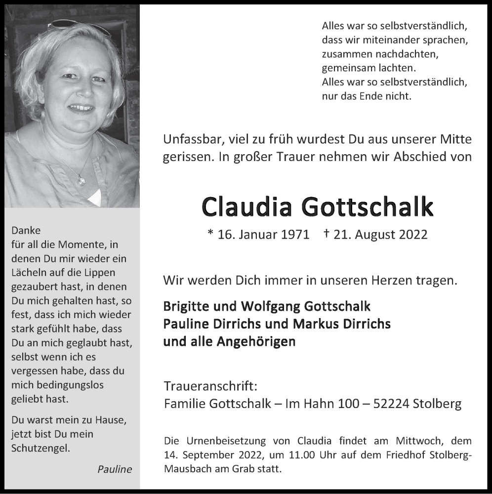  Traueranzeige für Claudia Gottschalk vom 11.09.2022 aus Zeitung am Sonntag