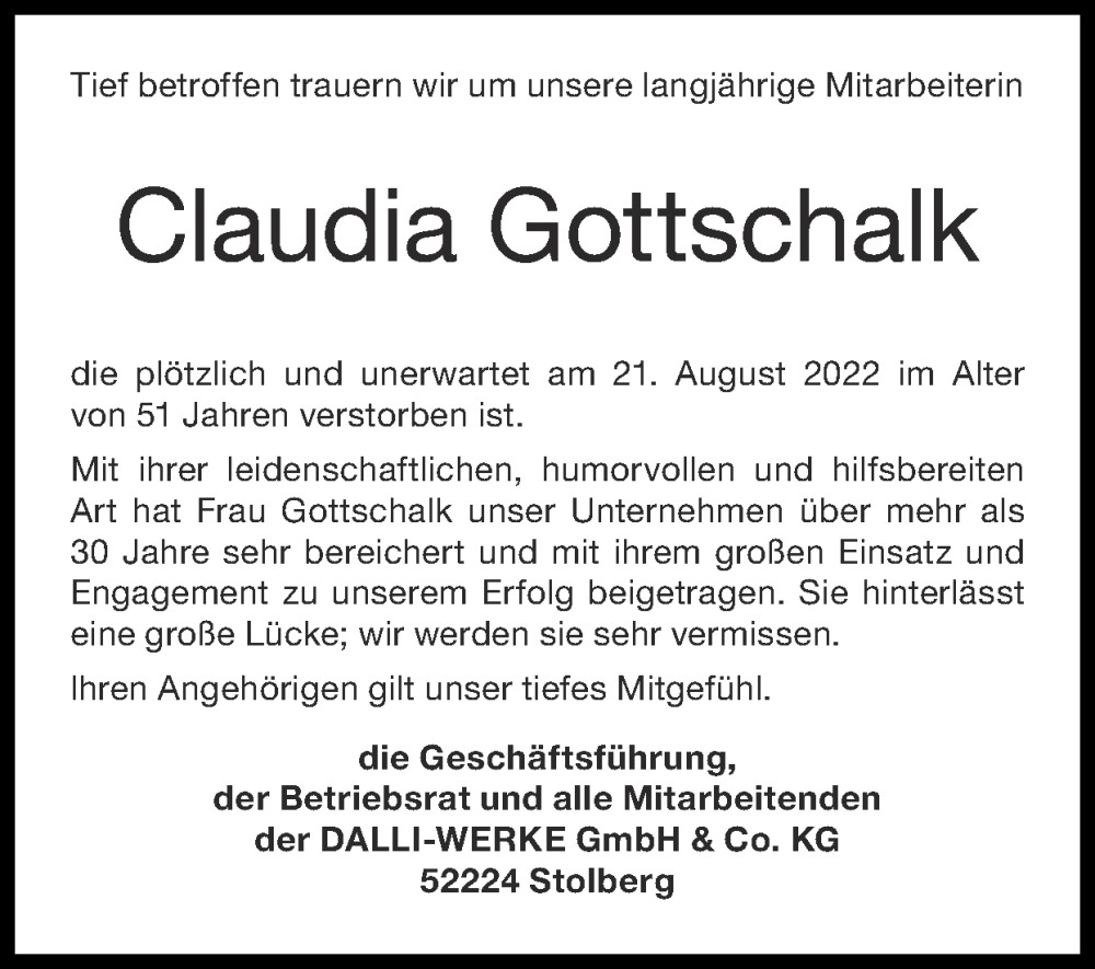  Traueranzeige für Claudia Gottschalk vom 11.09.2022 aus Zeitung am Sonntag