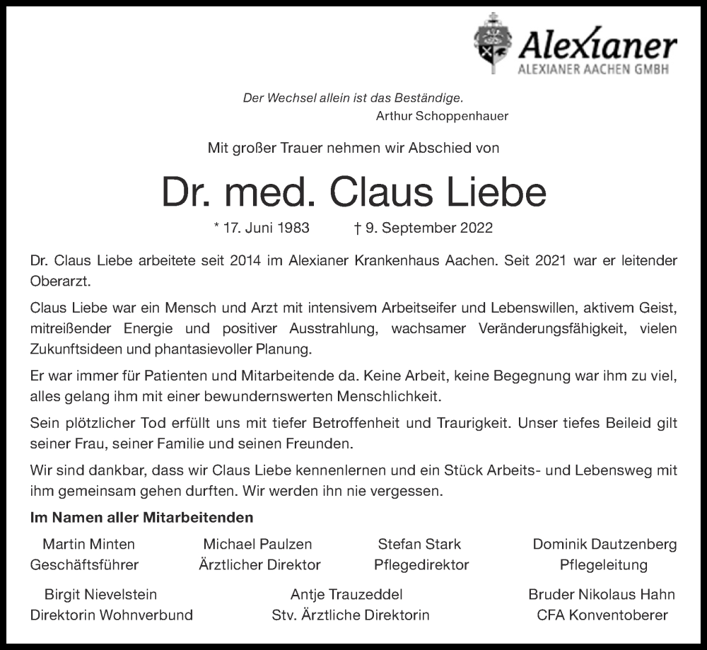  Traueranzeige für Claus Liebe vom 25.09.2022 aus Zeitung am Sonntag