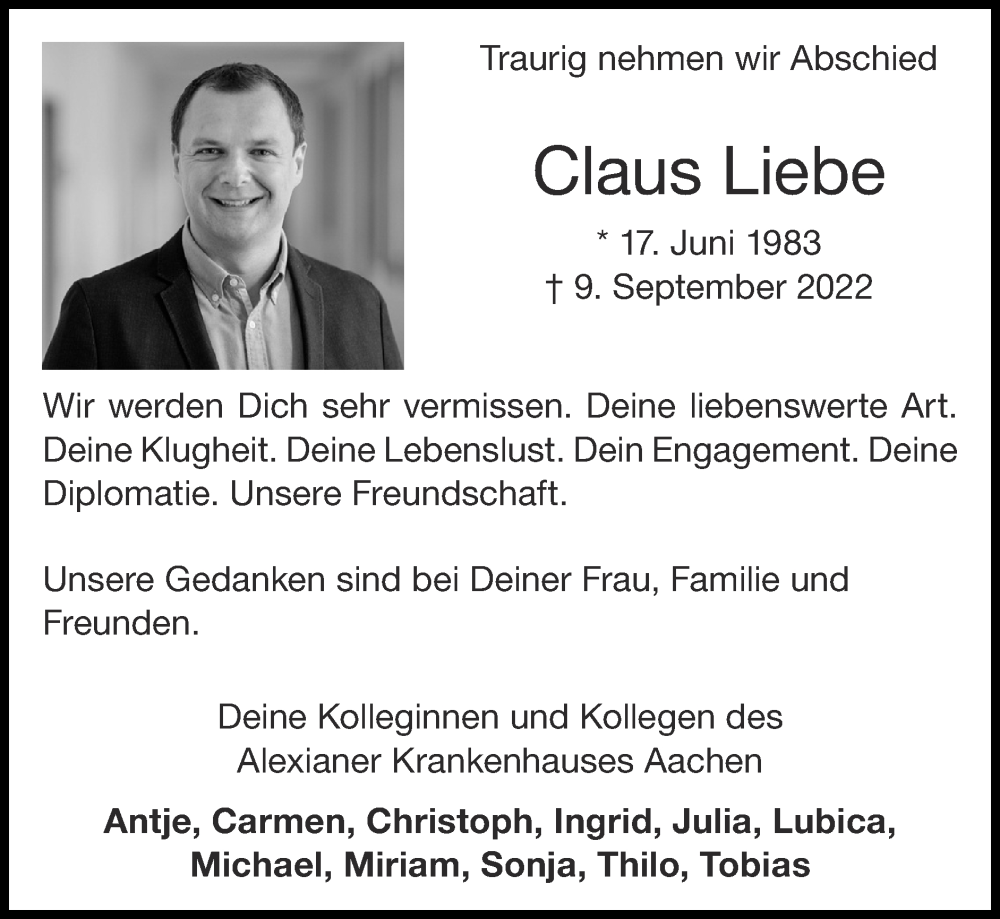  Traueranzeige für Claus Liebe vom 25.09.2022 aus Zeitung am Sonntag