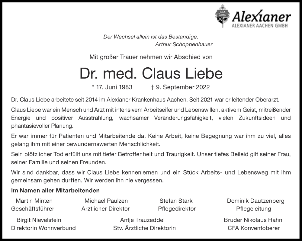  Traueranzeige für Claus Liebe vom 17.09.2022 aus Aachener Zeitung / Aachener Nachrichten