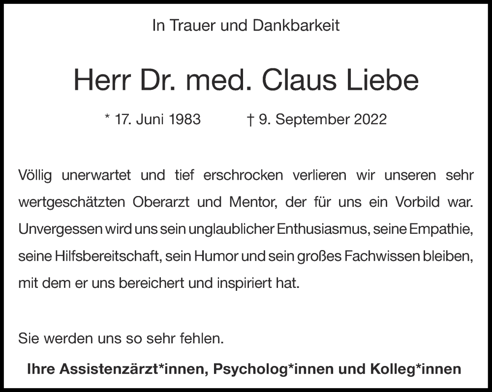  Traueranzeige für Claus Liebe vom 17.09.2022 aus Aachener Zeitung / Aachener Nachrichten