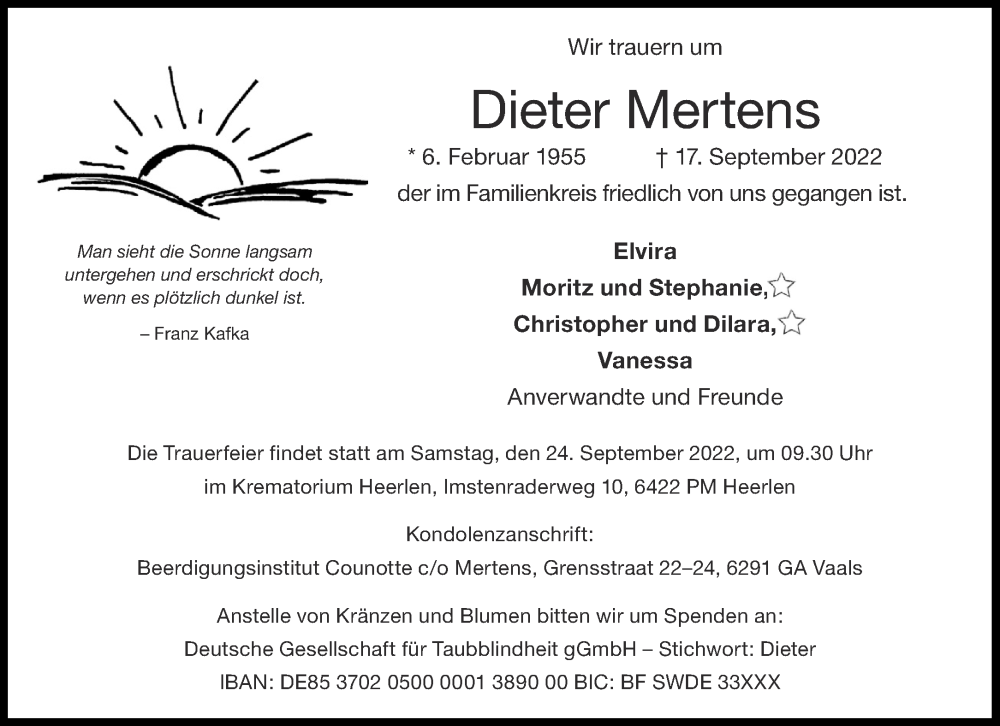  Traueranzeige für Dieter Mertens vom 21.09.2022 aus Aachener Zeitung / Aachener Nachrichten