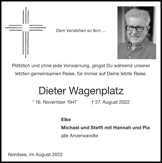 Traueranzeige von Dieter Wagenplatz von Zeitung am Sonntag