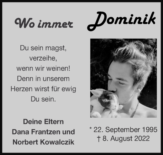 Traueranzeige von Dominik  von Zeitung am Sonntag