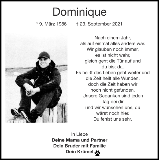 Traueranzeige von Dominique Szillat von Zeitung am Sonntag