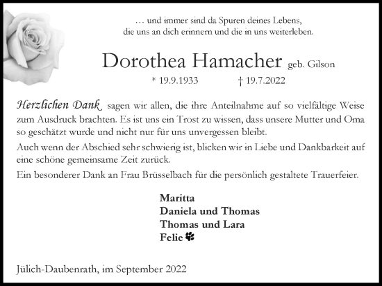 Traueranzeige von Dorothea Hamacher von Zeitung am Sonntag